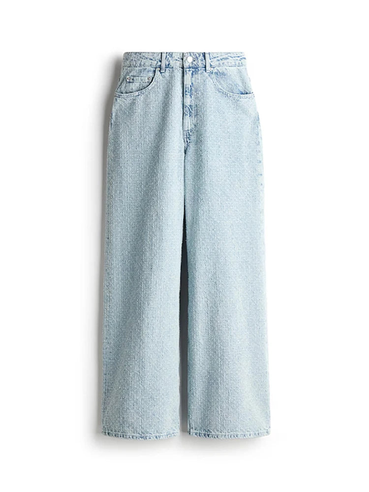 Vintage Women's Distressed Denim Suit Set Light Washed Blue Waist Tighing Jacket High Waist Wide Leg Jeans