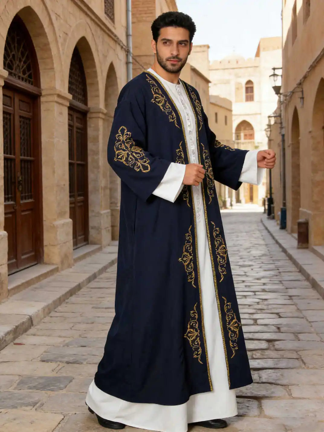 Abaowedding Men's Kaftan,Muslim arab THobe Caftan,Long Sleeve Embroidered Casual Formal Dubai Thobe