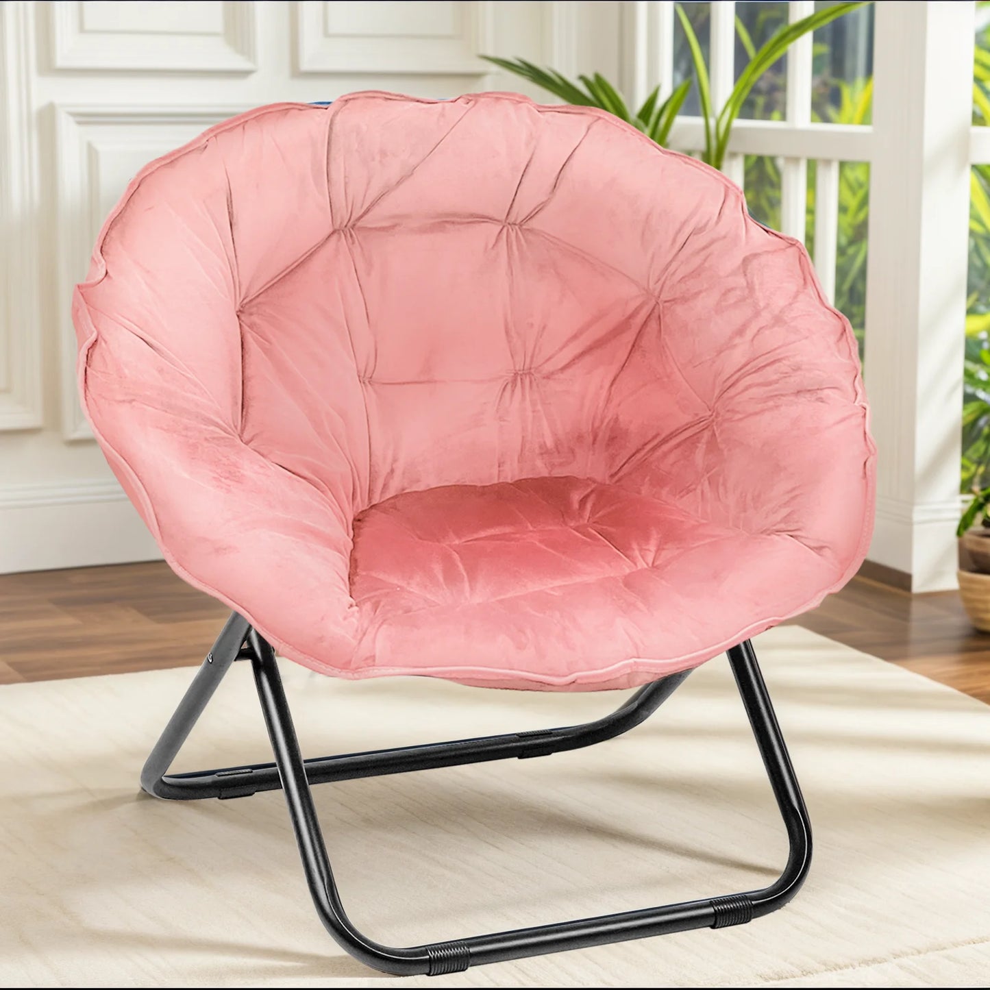 Grezone Round Foldable Saucer Chair Moon Chair Metal Frame