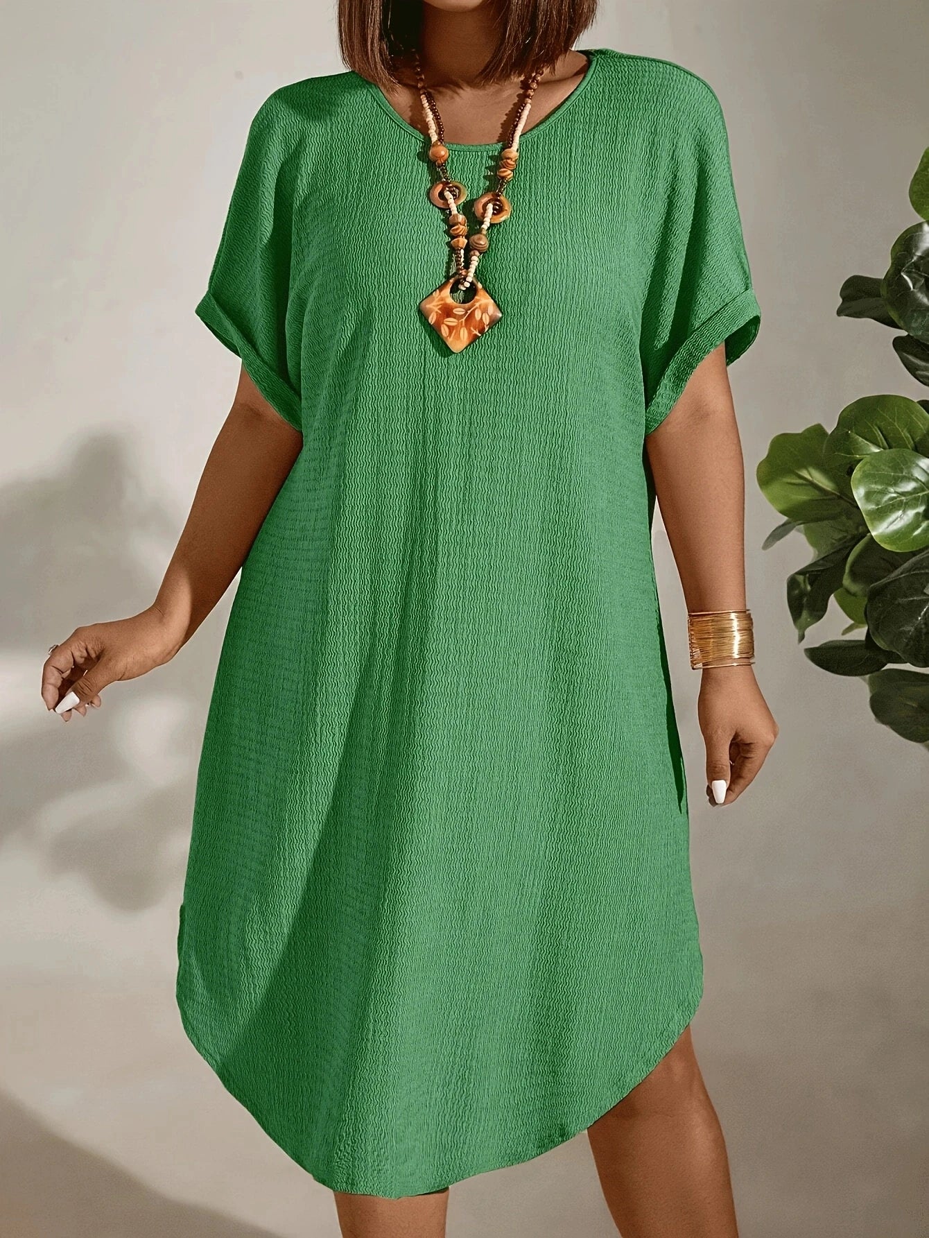 Casual Short Sleeve Round Neck Pure Color Dress for Women Spring Summer Knee Length Fashion