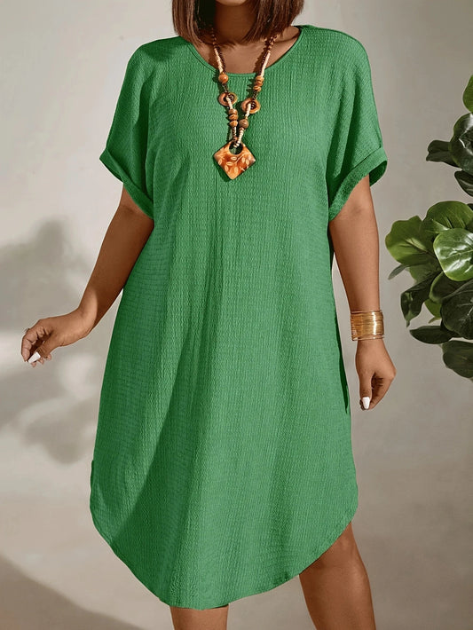 Casual Short Sleeve Round Neck Pure Color Dress for Women Spring Summer Knee Length Fashion