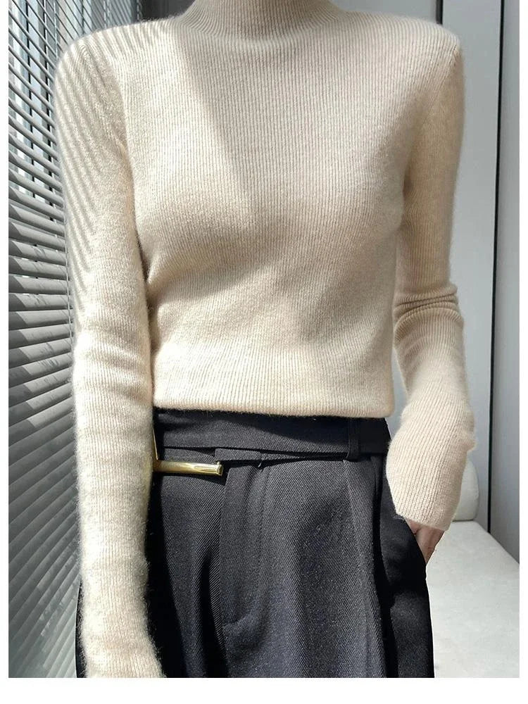 Autumn Winter Women Sweater Slim Fit High Strecth Pullovers  Long Sleeve Inner Wear Mock Neck Knitted Tops Korean Fashion Jumper