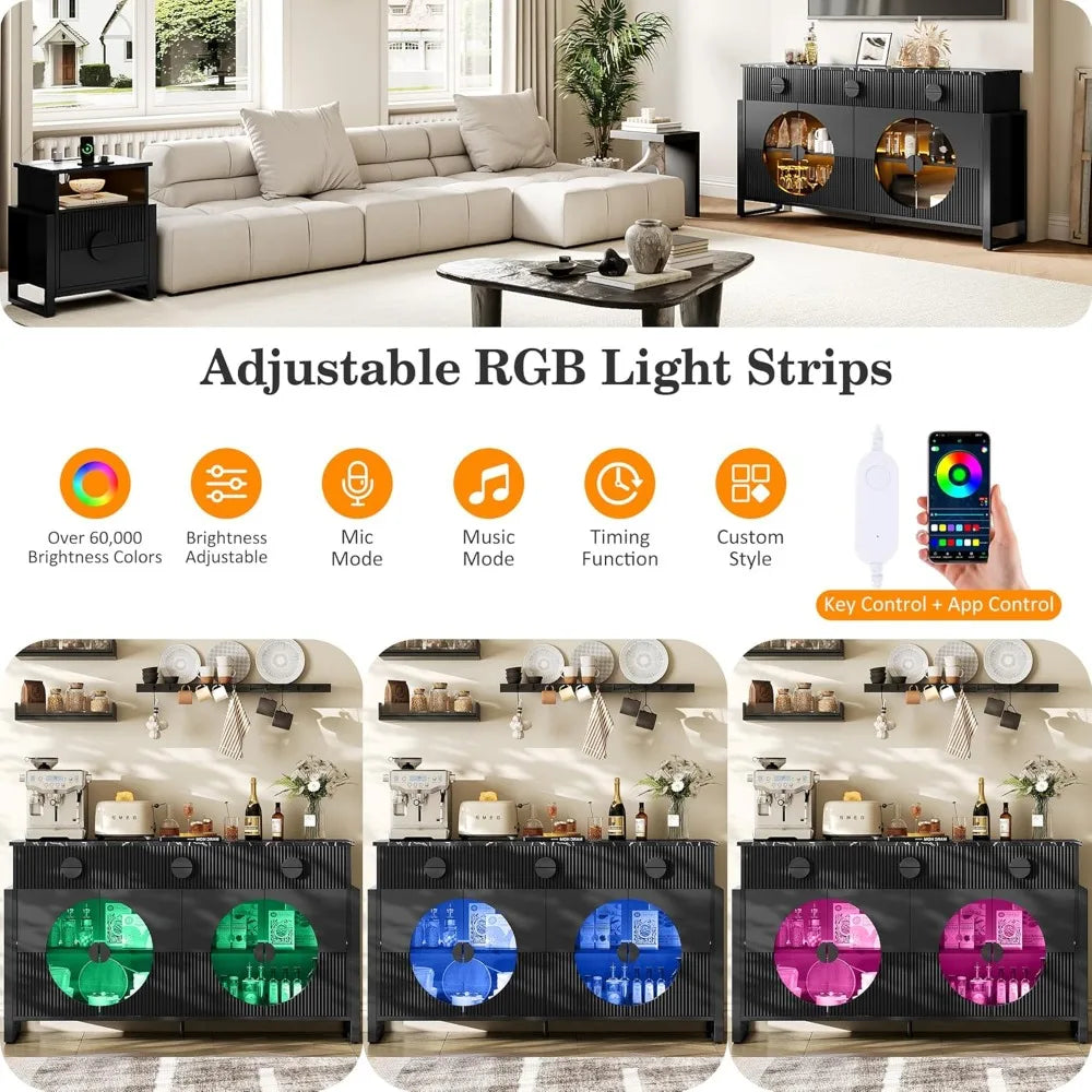 62" Fluted Sideboard Buffet Cabinet with LED Lights & Glass Doors, Faux Marble Top Console Table with 2 Adjustable Shelves