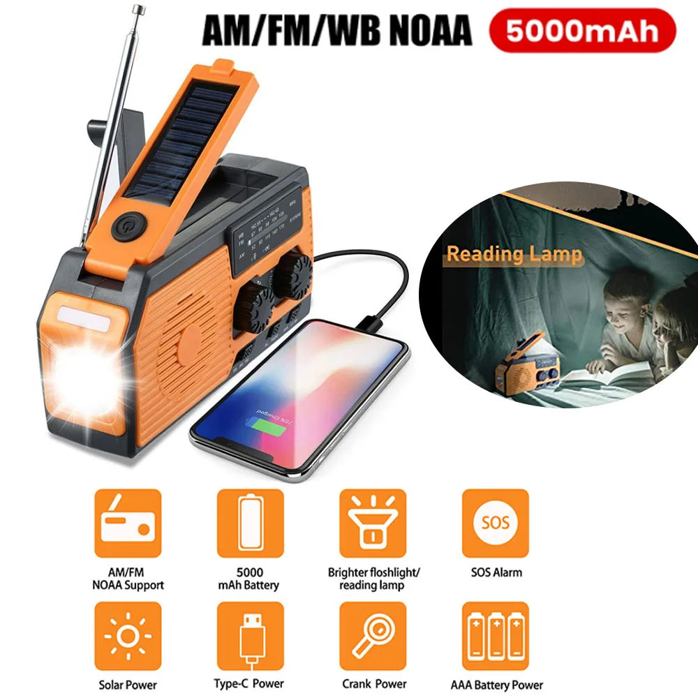 4000mAh Portable Emergency Solar Power Radio Hand Crank Charging AM FM Weather Radio LED Reading Flashlight Phone Charger