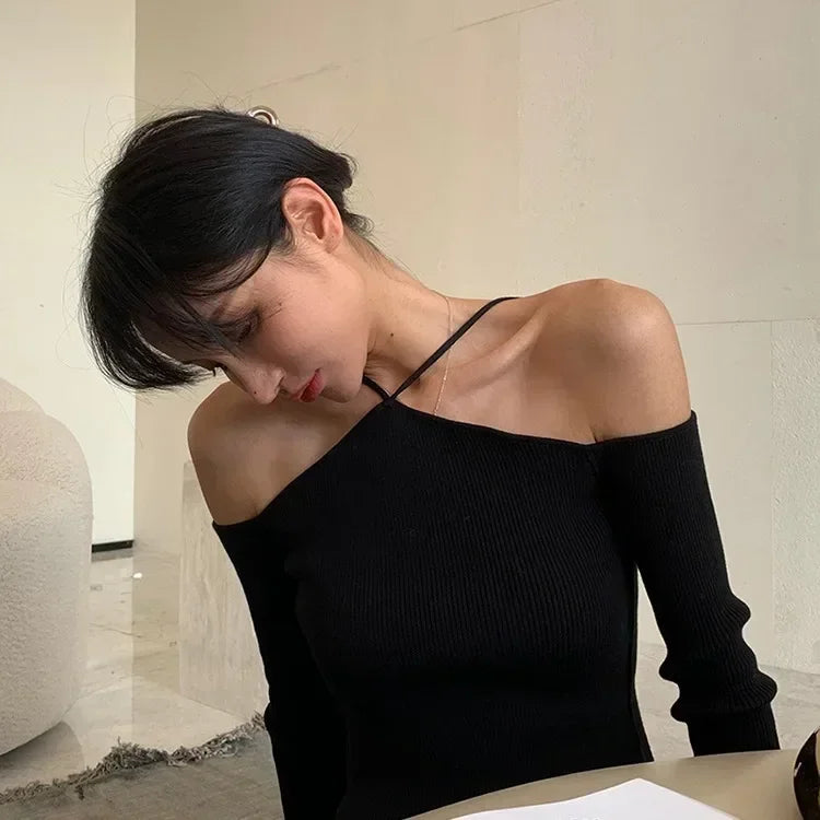 Women Off Shoulder Knitted Crop Sweater Slim Fit Long Sleeve Halter Top Y2K Fashion Pullover Korean Streetwear