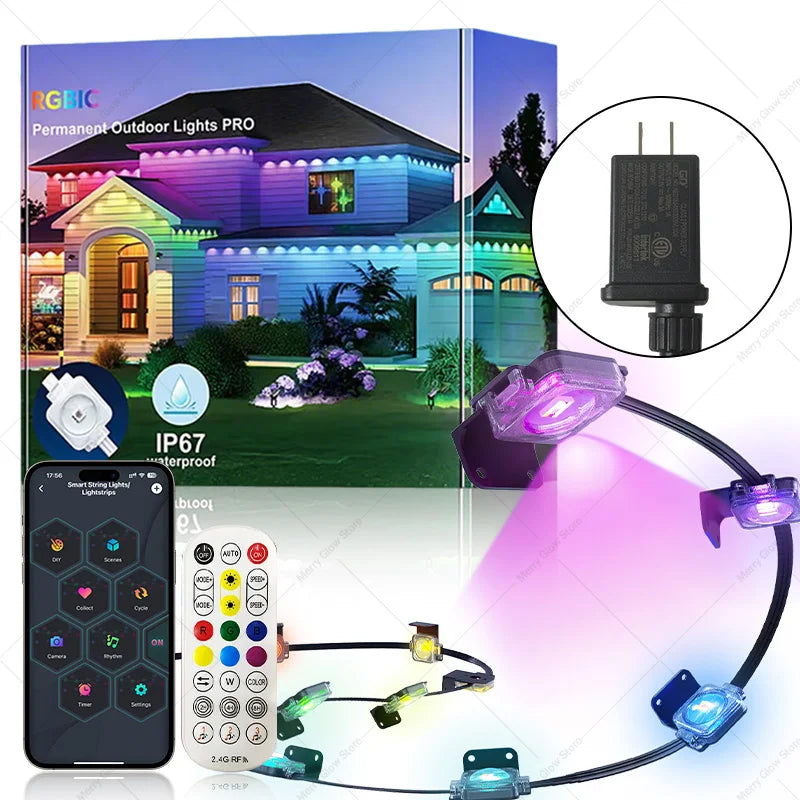 Permanent Outdoor String Lights 60M 120LEDs Smart RGBIC LED Lights IP67 Waterproof Full House Eaves Lights Halloween Decor Alexa