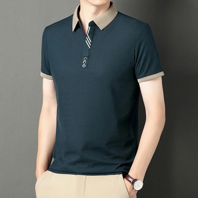 Men's Solid Color Casual Short Sleeve Polo Shirt for Summer Business and Leisure