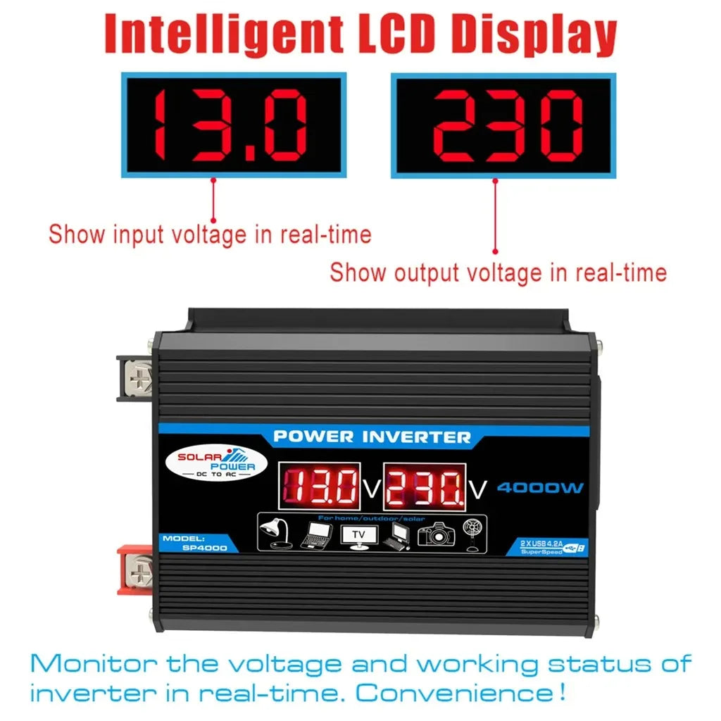 Car Power Inverter LED Display 4000W 12V to 220V 110V Converter Charger Adapter Multiple Protection Dual USB Voltage Transformer