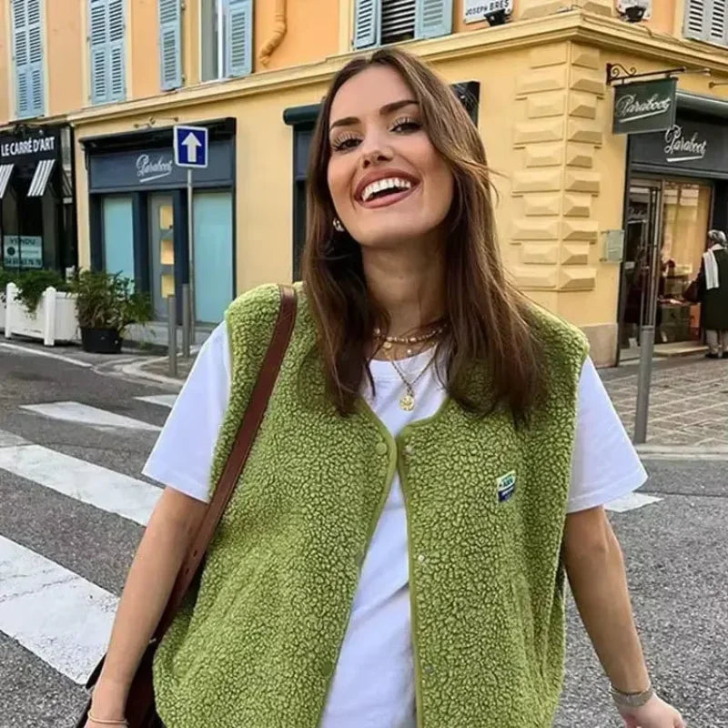 Fashion Casual Single Breasted Lamb Vest For Women Sleeveless Pockets O Neck Top 2025 Lady Spring Wool Blended Coat