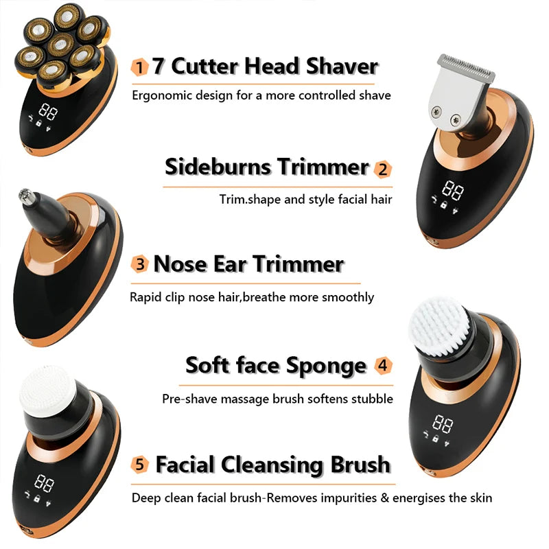 Men 7D Floating Electric Shaver Wet Dry Beard Hair Trimmer Rechargeable Bald Head Razor with LCD Display
