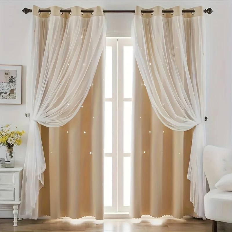2 Panel Blue Romantic Sheer Girls Curtains Double-Layer Princess Curtains Hollow Stars Blackout Curtains Star Ins Gauze Curtains
