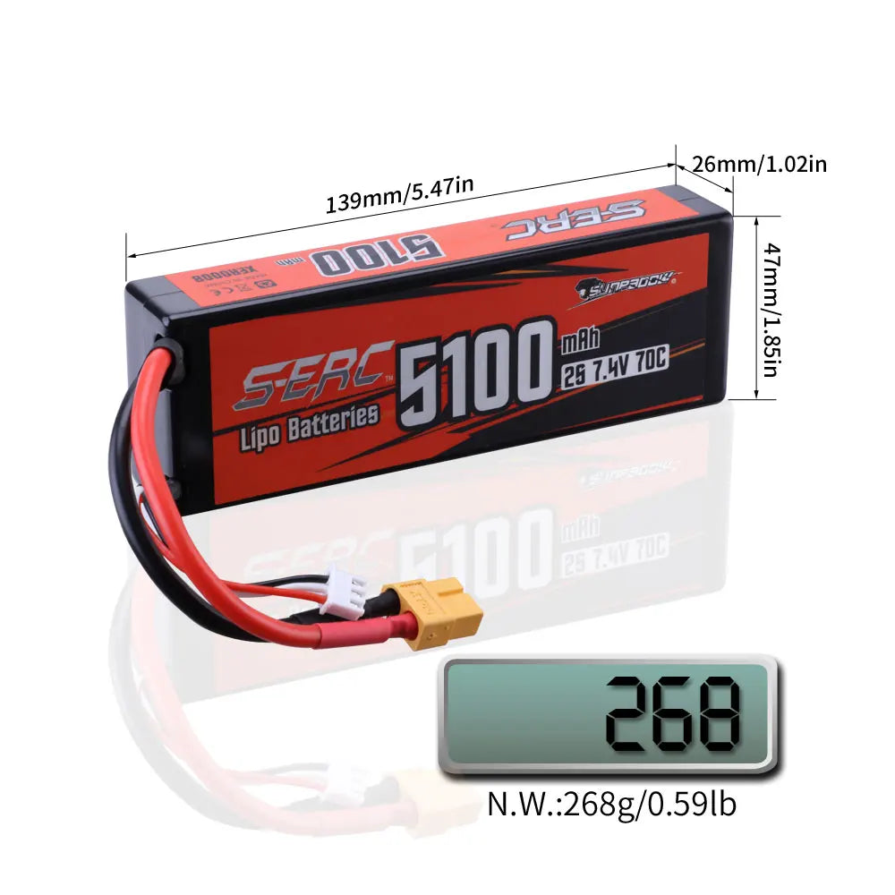 Sunpadow 2S 7.4V LiPo Battery 5100mAh 70C XT60 Deans