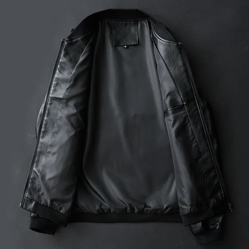 2024 Autumn New Men Black Biker PU Leather Coat Korean Fashion Casual Fit Slim Jacket 8XL