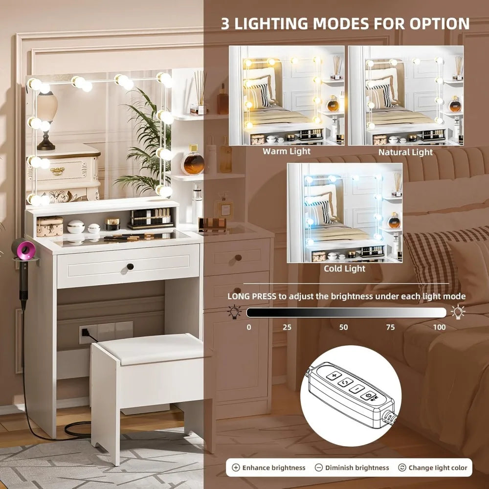 Makeup Vanity Desk with Mirror and Lights White Vanity Set with Drawers and Stool Modern Dressing Table with Glass Top