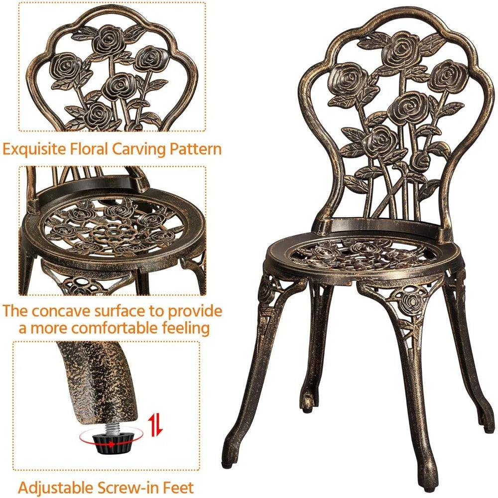 3 Piece Outdoor Bistro Set with Rose Design Rust Resistant Cast Aluminum Table and Chairs with Umbrella Hole for Balcony and Backyard