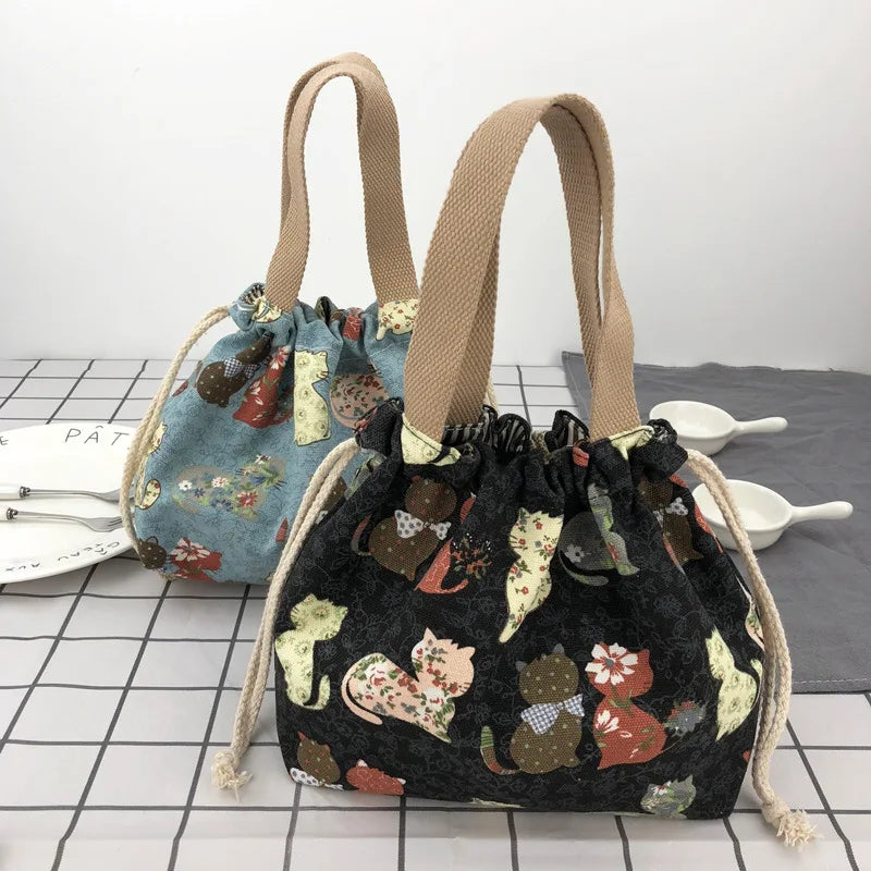 Japanese Cute Bento Bag Tote Canvas Lunch Bag Cartoon Anime Drawstring Bag Foldable for Two Lunch Boxes