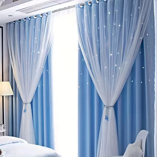 2 Panel Blue Romantic Sheer Girls Curtains Double-Layer Princess Curtains Hollow Stars Blackout Curtains Star Ins Gauze Curtains