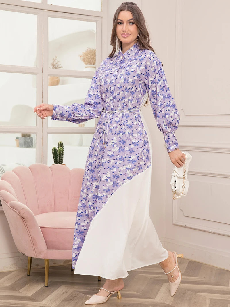 Elegant Floral Print High Neck Belted Long Dress for Spring