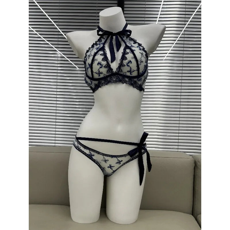 Butterfly Mambo Bra Set 32-38, Embroidered Ribbon Bow Neckband Lingerie, Sexy Pure Desire Bralette and Panty Set Women Sexy AB