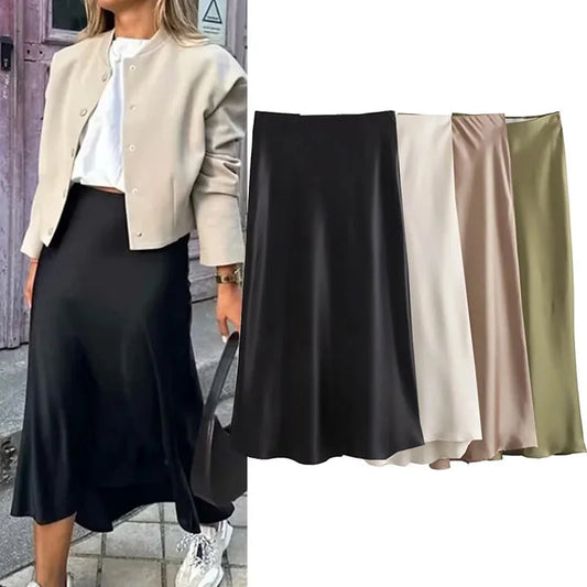 Willshela 2024 Black Satin Skirt Women's High Waist Elegant Long Midi Skirt for Office Fashion