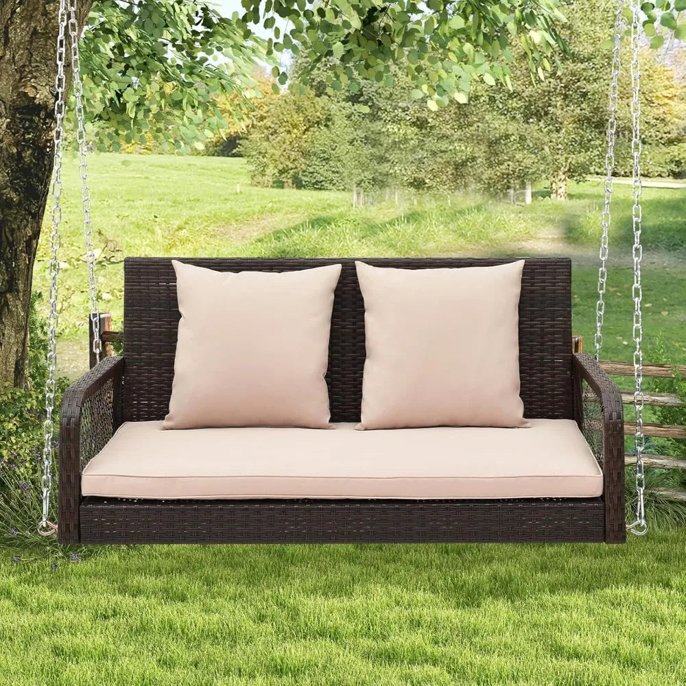 Wicker Outdoor Porch Swing 800 LBS Capacity 2-Seater Swing Bench with Hanging Chains and Cushions