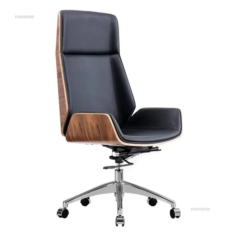 Modern Wooden Swivel Chair Home Leisure Leather Computer Chair Luxury Gaming High Back Office Chair Bedroom Furniture