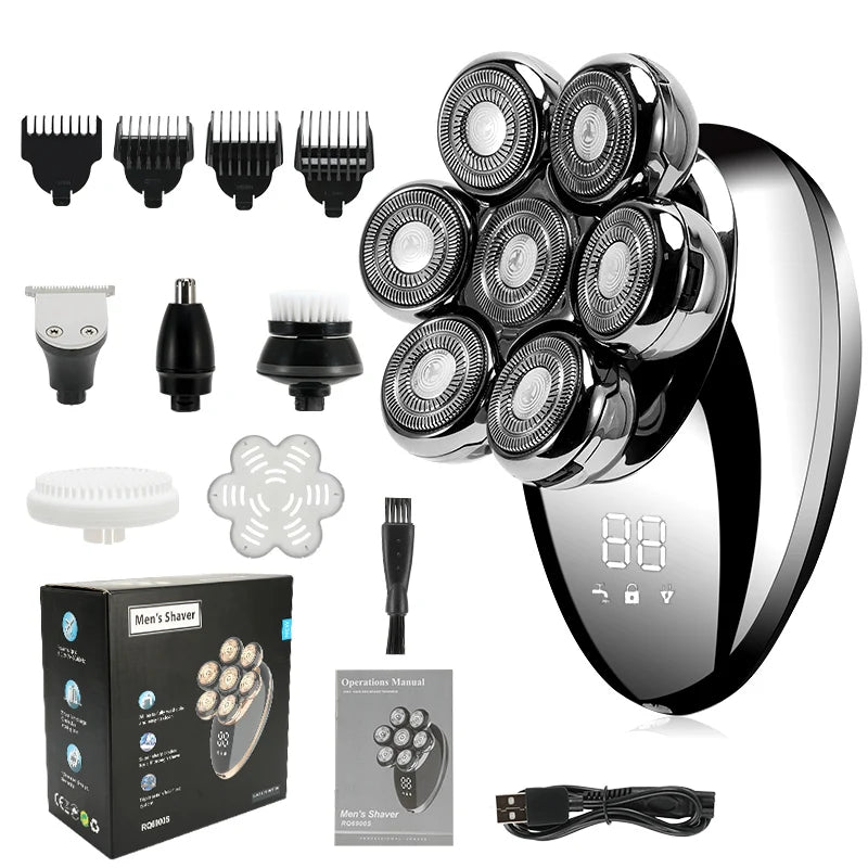 Men 7D Floating Electric Shaver Wet Dry Beard Hair Trimmer Rechargeable Bald Head Razor with LCD Display