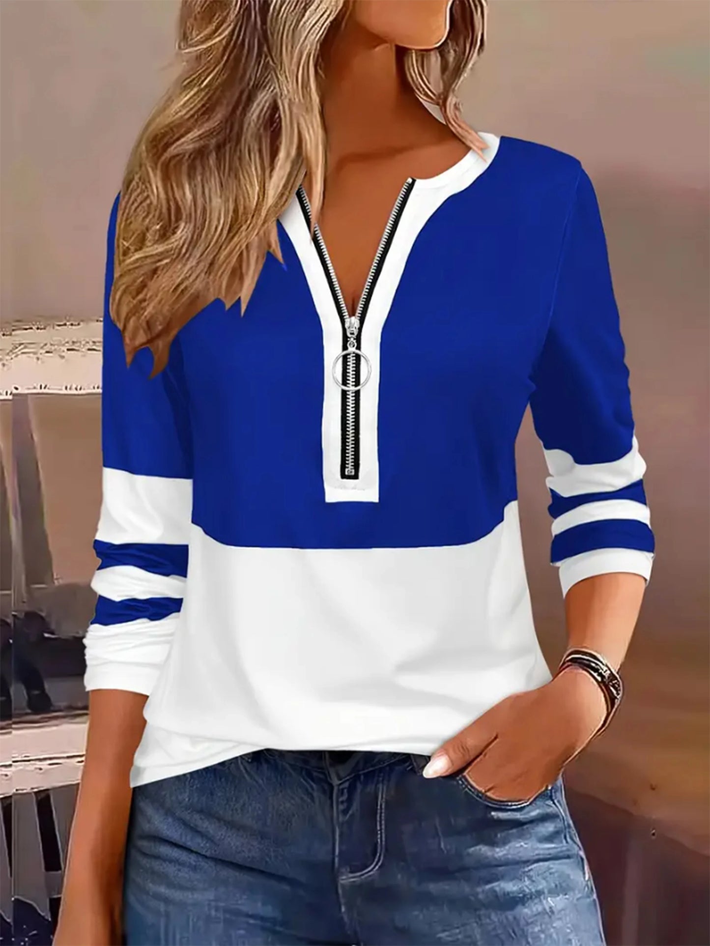 Plus Size Long Sleeve T-Shirt with Geometric Stripes & Color Block Ring Zipper Detail - Fall Fashion