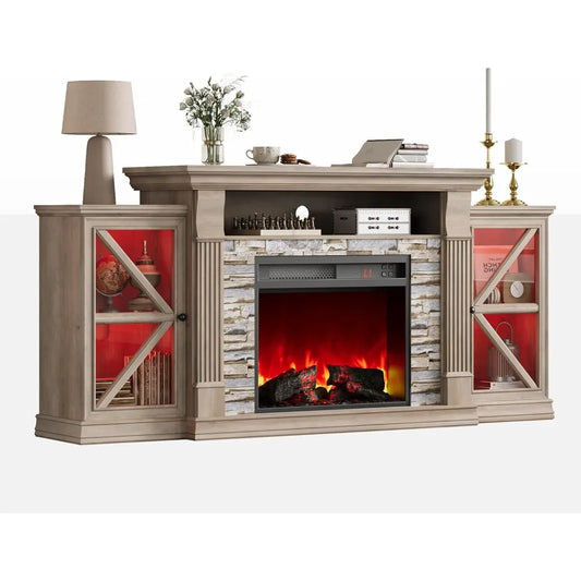 HUANZHUANG Electric Fireplace TV Stand With Glass Doors