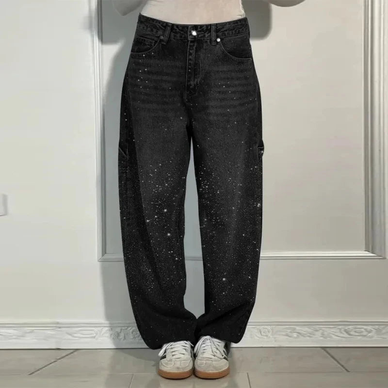 Shiny Rhinestone Baggy Women's Wide Leg Jeans Full Diamond Dragging Denim Pants Vintage Washed Casual Trousers