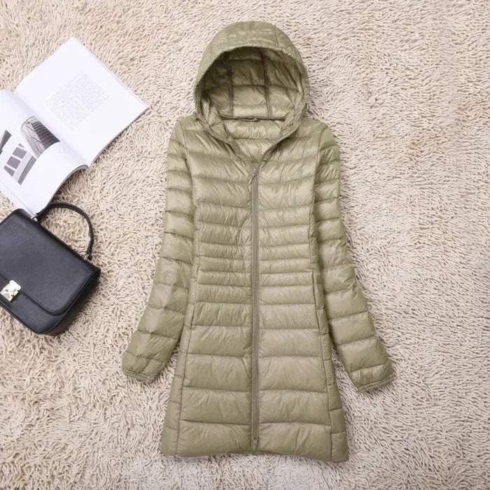 Plus Size White Duck Down Jacket Lightweight Down Coat for Women Hooded Long Winter Wear