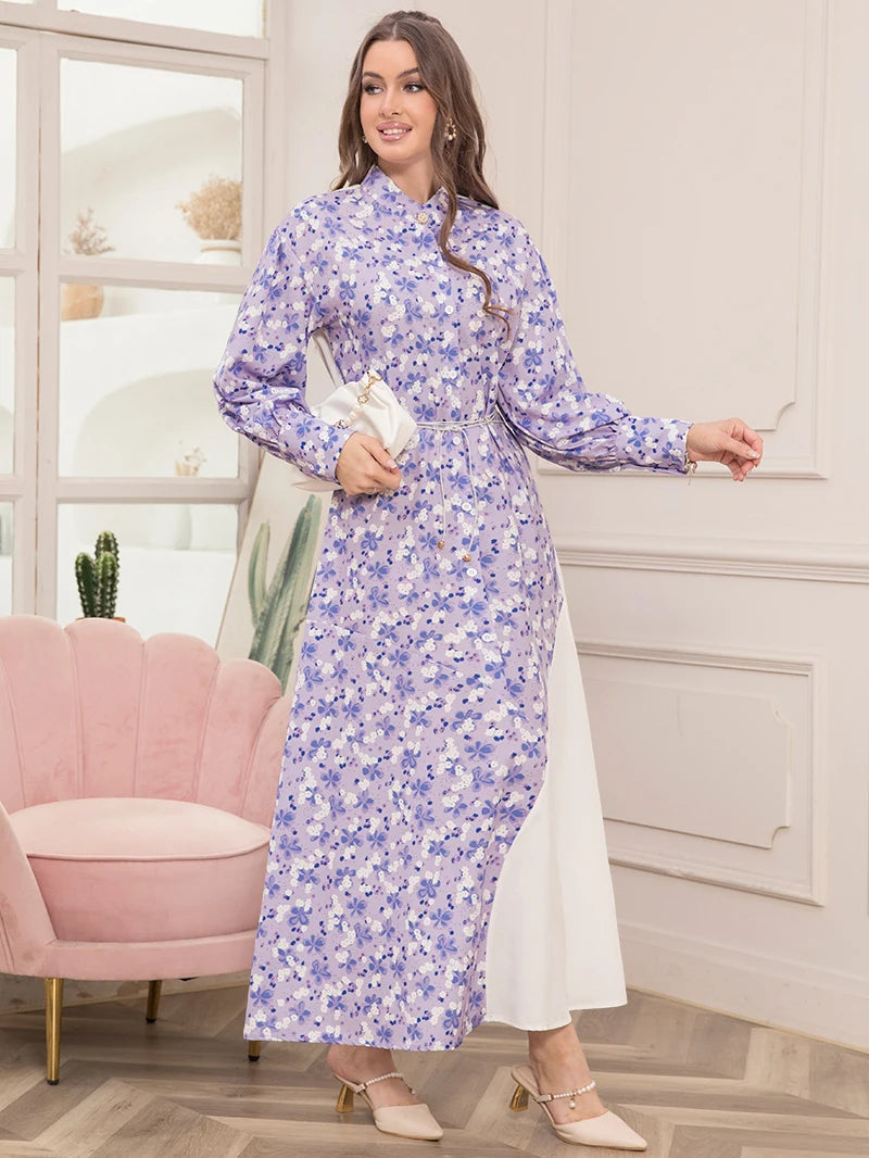 Elegant Floral Print High Neck Belted Long Dress for Spring