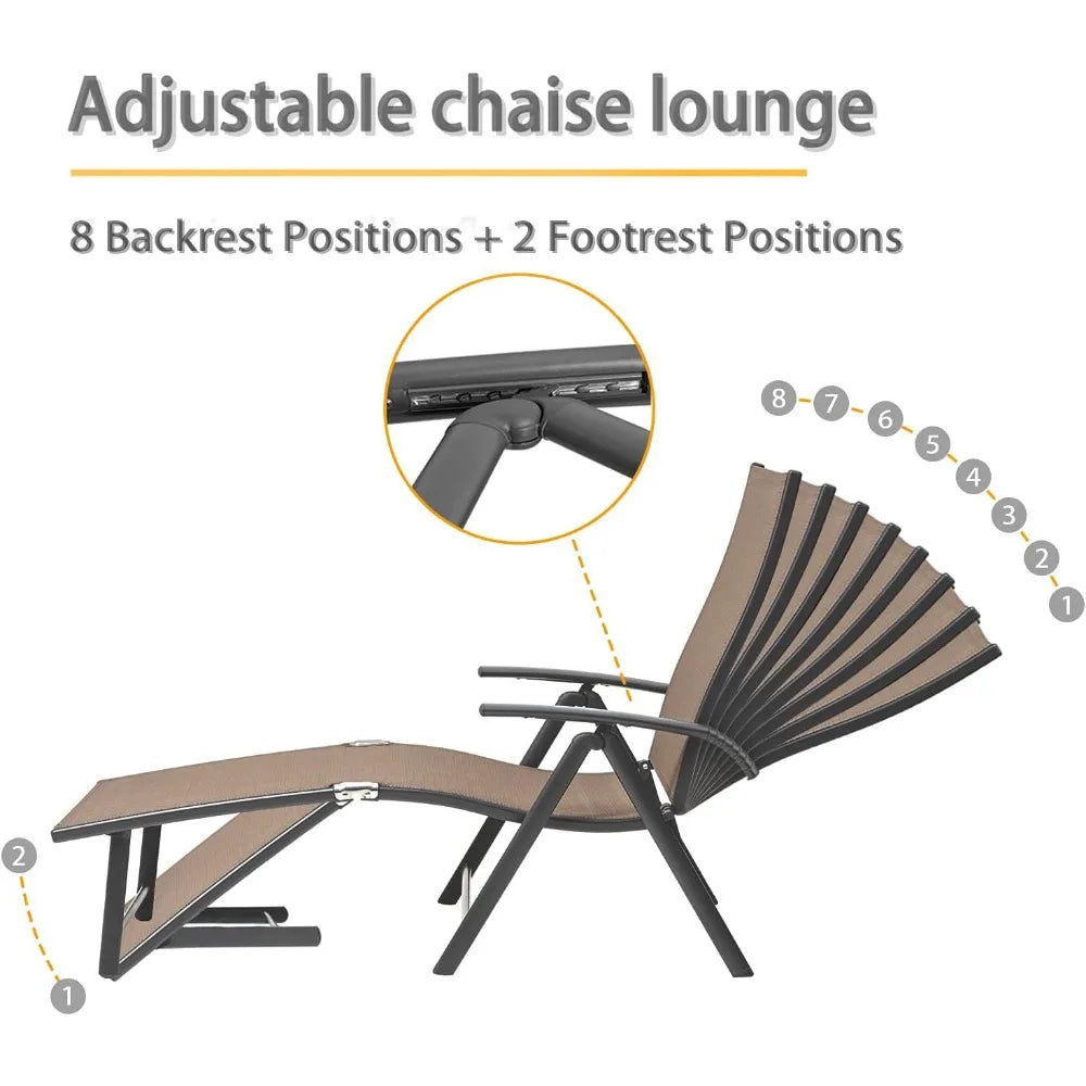 3PCS Aluminum Patio Set with Chaise Lounge Chairs and Table 8-Position Adjustable Backrest for Outdoor Use