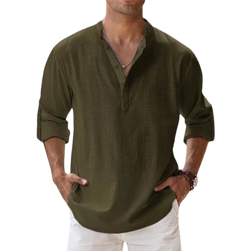 New Cotton Linen Casual Shirts for Men Lightweight Long Sleeve Henley Beach Hawaiian T Shirts