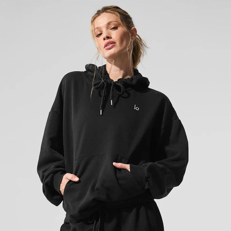 LO Casual Versatile Pure Cotton Pullover Hoodie Sports Outdoor Top Long Sleeved Hooded Solid Color Loose Autumn/winter Hoodie