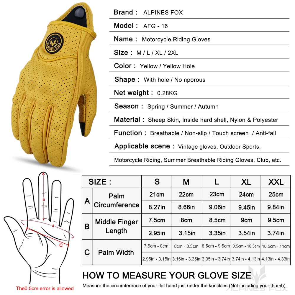 Vintage Goatskin Motorcycle Gloves Men Summer Yellow Retro Leather Guantes M-XXL