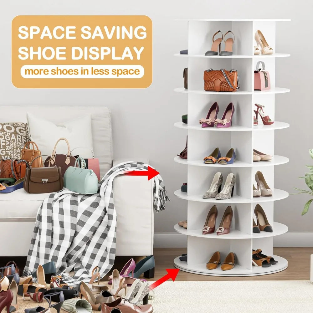 Rotating Shoe Rack Tower 7 Tier Organizer Vertical Spinning Shoe Display Lazy Susan 360 Degree Revolving White Shoe Rack Storage