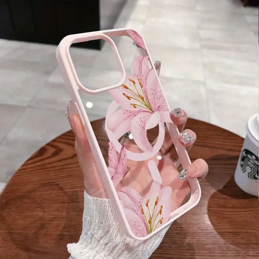 Pink Lily Magnetic Phone Case For iPhone 17 16 15 14 13 12 11Pro Max Plus It features a stylish pattern design