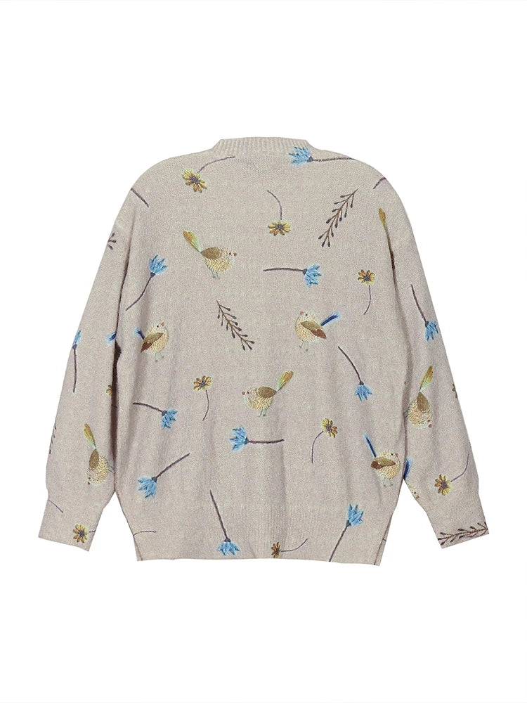 Plus Size Bird Print Round Neck Pullover Sweater Elegant Long Sleeve Autumn Spring Women's Fashion 2024