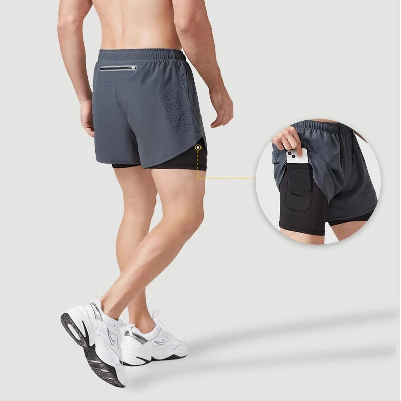 Men's Quick Drying Black Running Shorts Double Layer Fitness Workout Training Pants