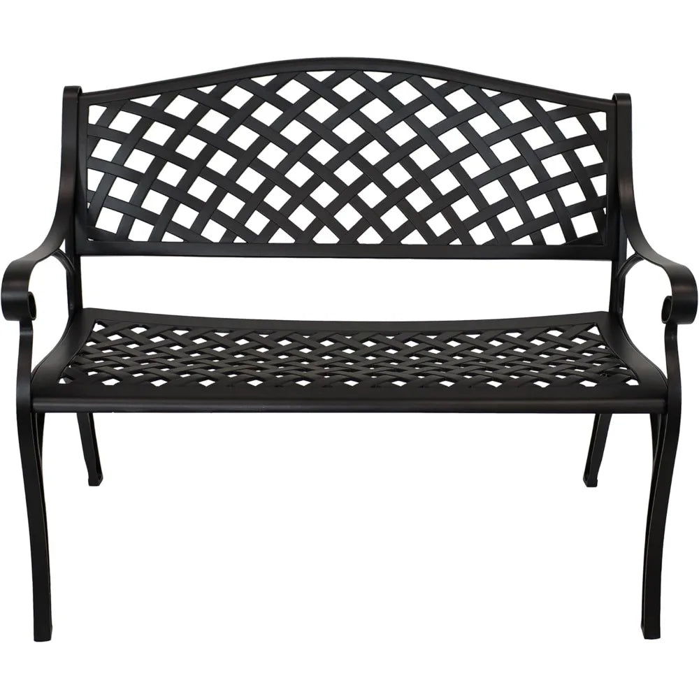 2 Person Cast Aluminum Garden Bench with Checkered Design 615 Pound Weight Capacity 39 Inch Wide Black