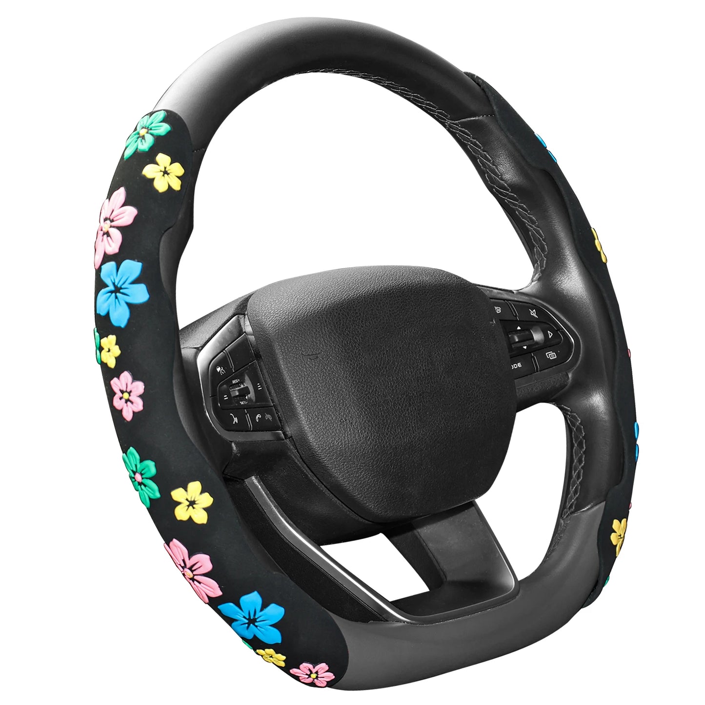 2PCS Universal Suede Car Steering Wheel Cover Floral Print Anti Slip for Women Car Interior Accessories