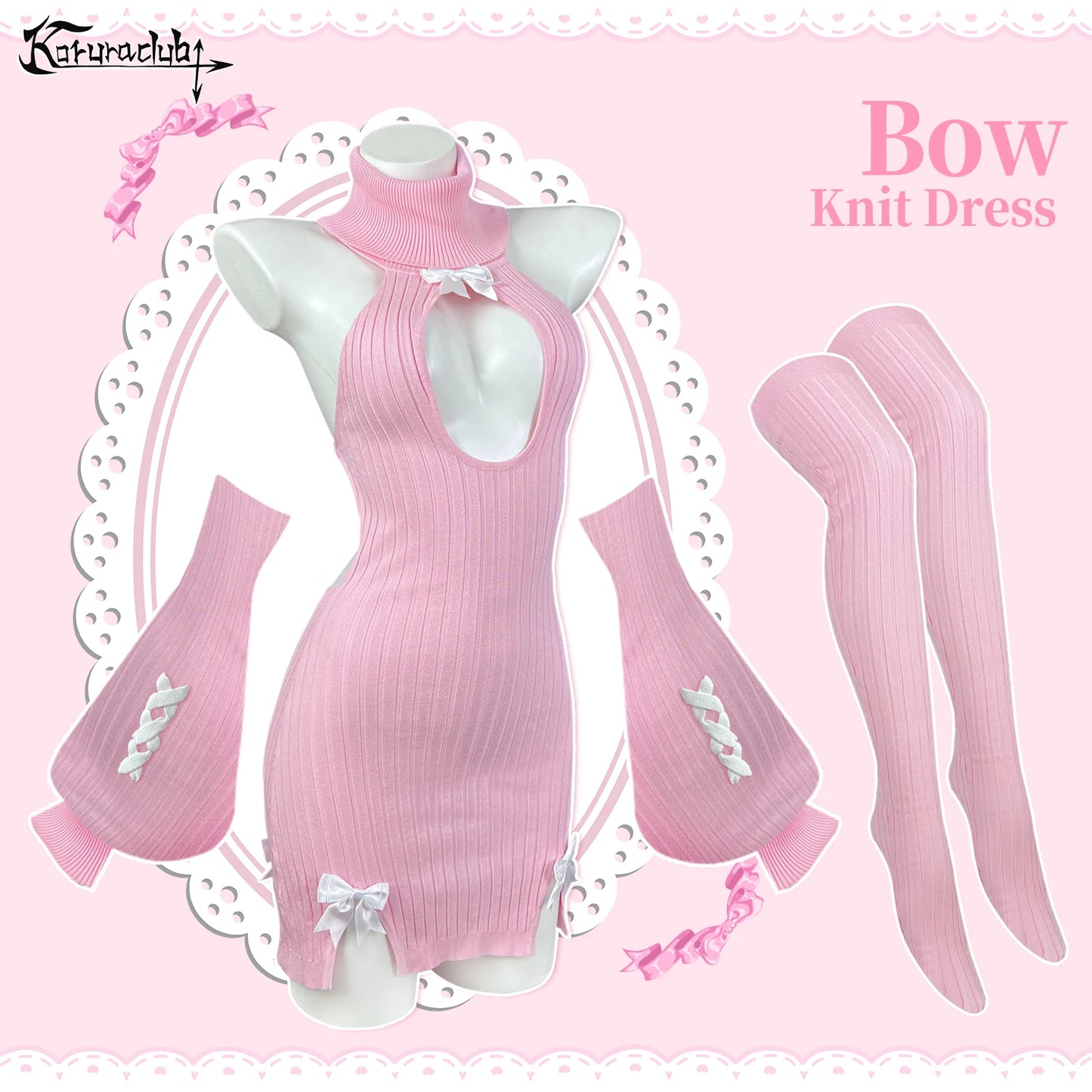 KORURACLUB autumn and winter Bowknot Sexy Black Knitted dress stockings Pink straps Backless Soft girl Turtleneck sweater