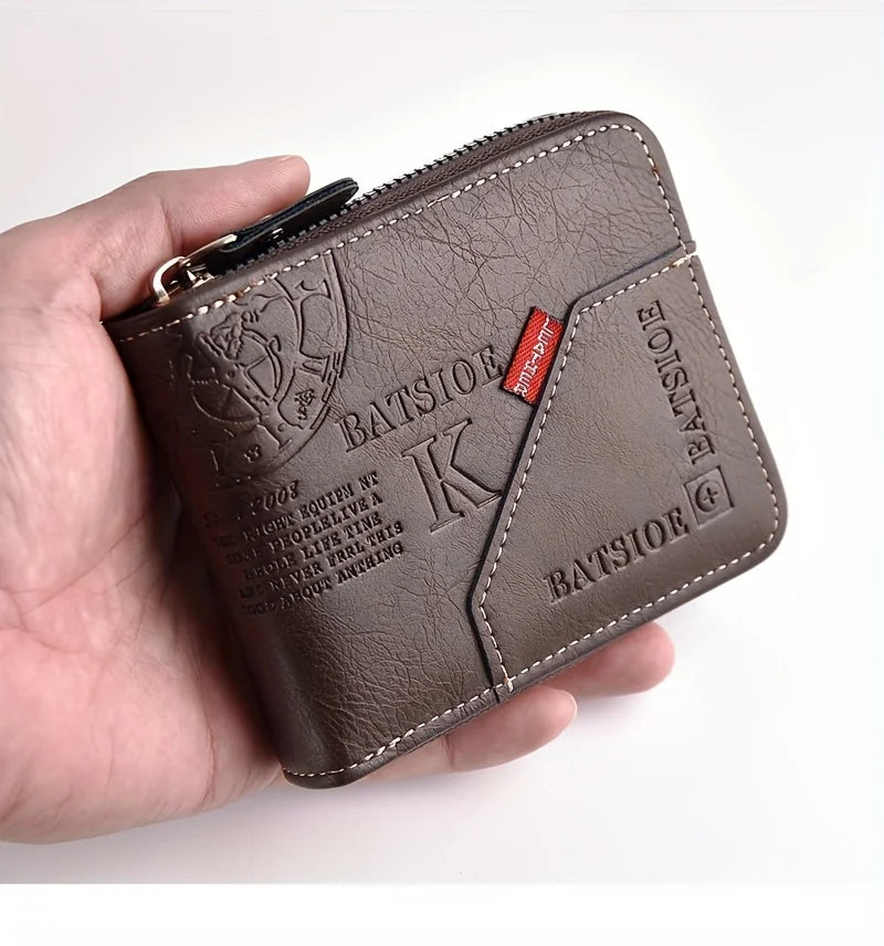 Men's PU Wax Oil Skin Wallet Zipper Around Coin Purse Short Card Holder for Men