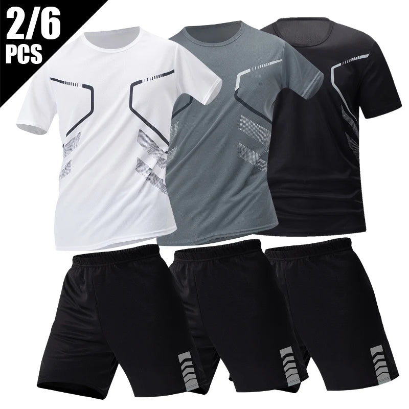 2/6 Pack Plus Size Men's Quick Drying Short Sleeve Shorts Suit Leisure Sports Running Fitness T Shirt Joker Shorts Teen