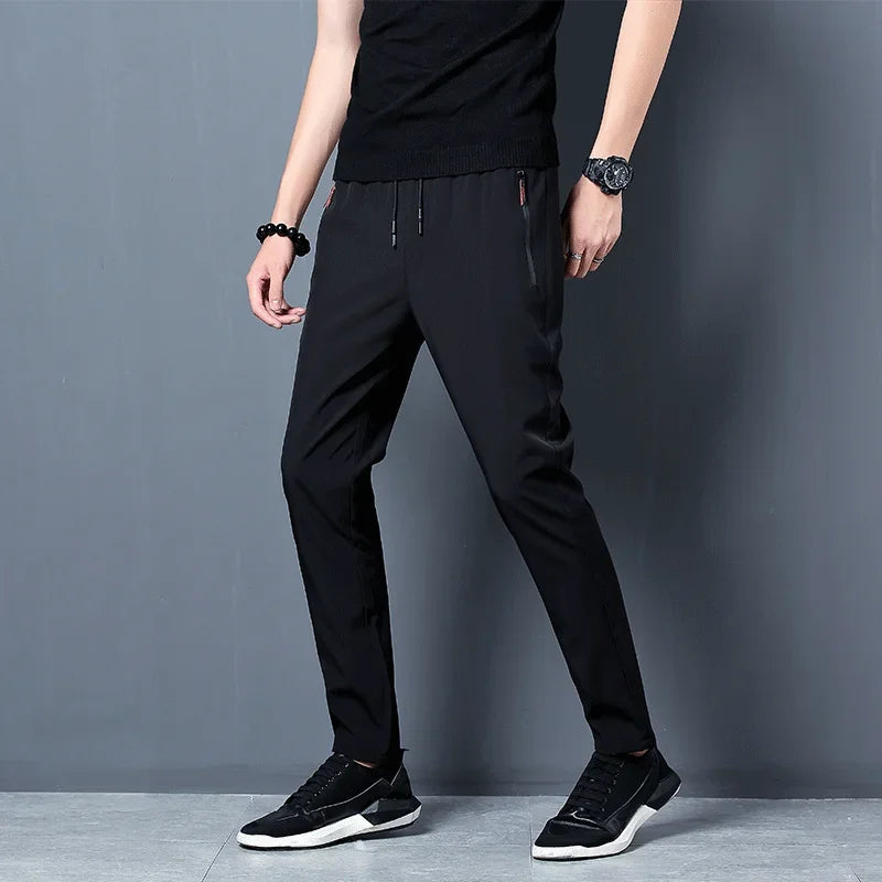 Men's Casual Straight Slim Fit Elastic Waist Jogger Pants Korean Style Blue Black Gray Plus Size Trousers