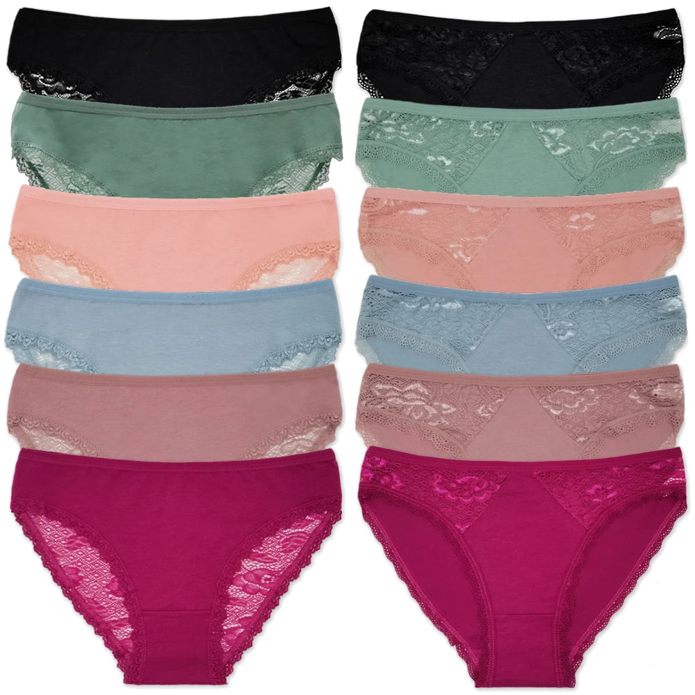 Cotton Panties Women's Underwear Panty Fashion Lace Briefs Girls Low Waist Shorts Female Lingerie Culottes 12 Pcs/set