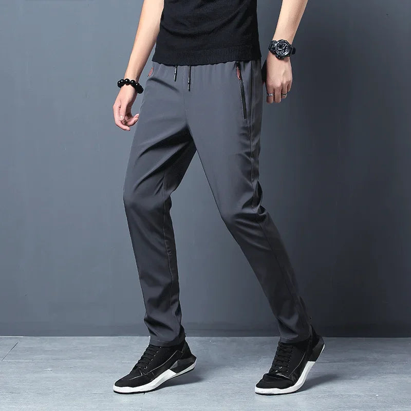 Men's Casual Straight Slim Fit Elastic Waist Jogger Pants Korean Style Blue Black Gray Plus Size Trousers