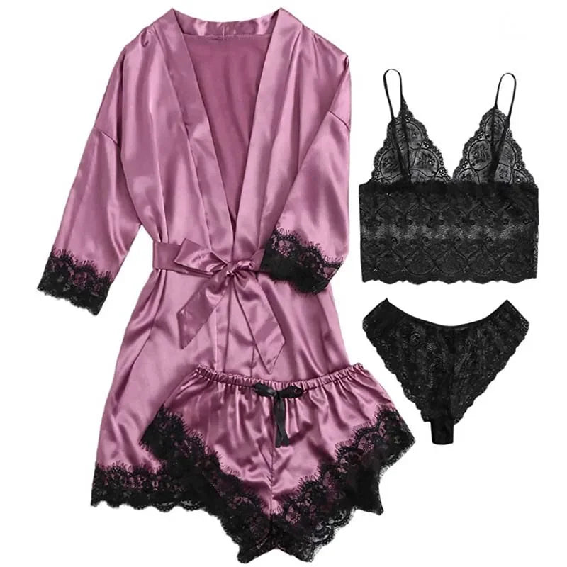 4 Pieces Women's Sleepwear Pajamas Set with Robe Sexy Lace Lingerie Bathrobe Silk Satin Home Nightwear Robe