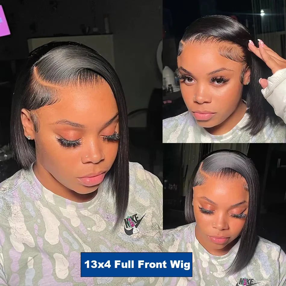 13x4 Short Bob Wigs 220 Percent Density Bone Straight Human Hair Pre Plucked Transparent Lace Frontal Wig